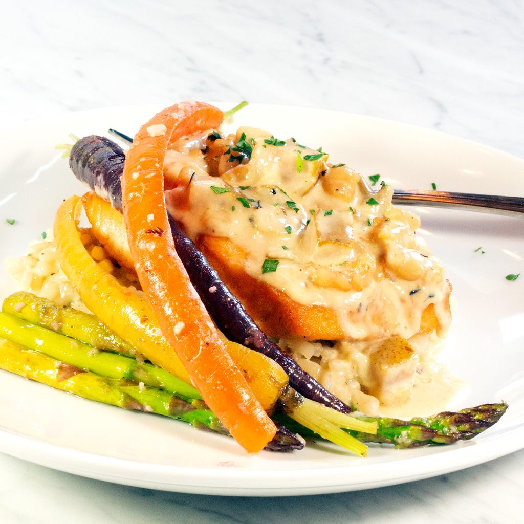 French Hen restaurant Roasted Atlantic Salmon, grilled pears & seafood cream